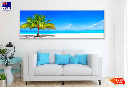 Panoramic Canvas Palm Tree & Sand Sea View Photograph High Quality 100% Australian Made Wall Canvas Print Ready to Hang