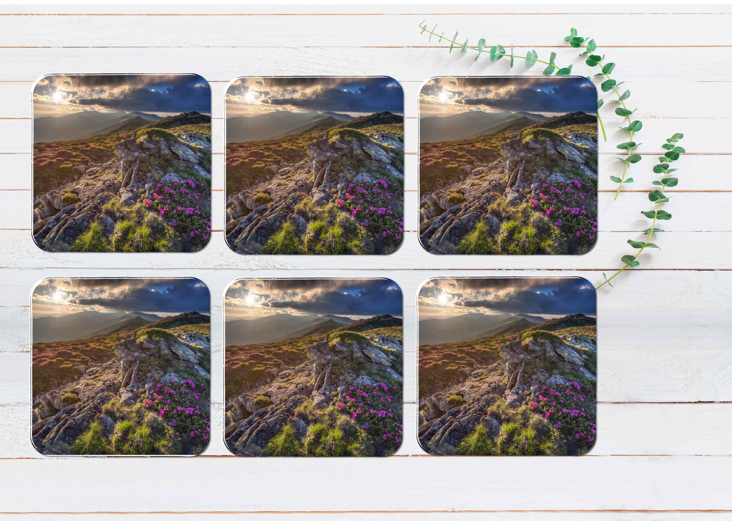 Rhododendron Flowers With Sunrise Coasters Wood & Rubber - Set of 6 Coasters