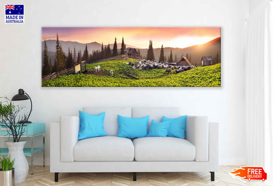 Panoramic Canvas Sheep on Hill Sunset Photograph High Quality 100% Australian Made Wall Canvas Print Ready to Hang