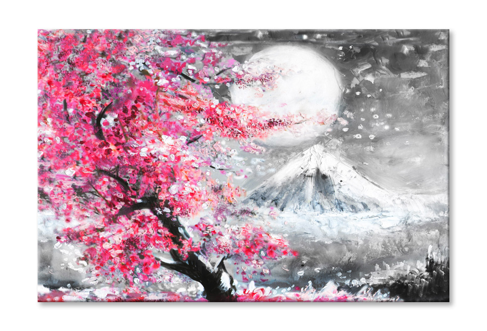 Blossom Pink Trees near Snow Mountain Painting Wall Art Limited Edition High Quality Print Stretched Canvas None