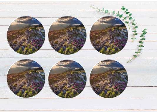 Rhododendron Flowers With Sunrise Coasters Wood & Rubber - Set of 6 Coasters
