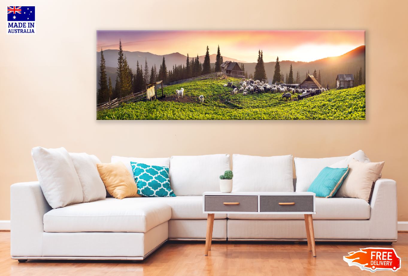 Panoramic Canvas Sheep on Hill Sunset Photograph High Quality 100% Australian Made Wall Canvas Print Ready to Hang