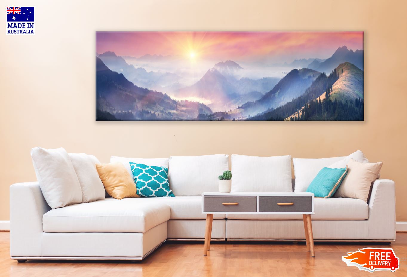 Panoramic Canvas Sunset Mountain View Photograph High Quality 100% Australian Made Wall Canvas Print Ready to Hang