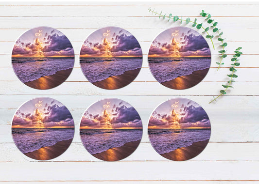 Cloudy Sunset Sky & Sandy Seawaves Coasters Wood & Rubber - Set of 6 Coasters