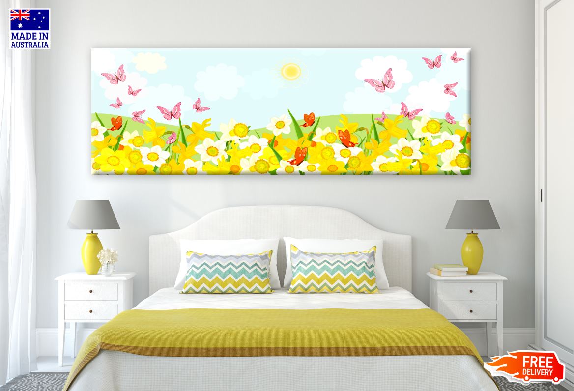 Panoramic Canvas Flowers & Butterflies Landscape Art High Quality 100% Australian made wall Canvas Print ready to hang