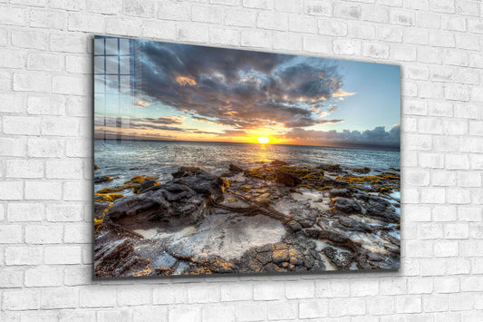 Rocks near Sea Sunset Print Tempered Glass Wall Art 100% Made in Australia Ready to Hang