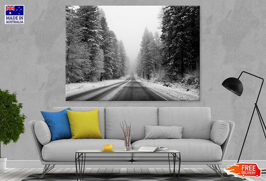 Road Covered with Snow Trees B&W Photograph Print 100% Australian Made