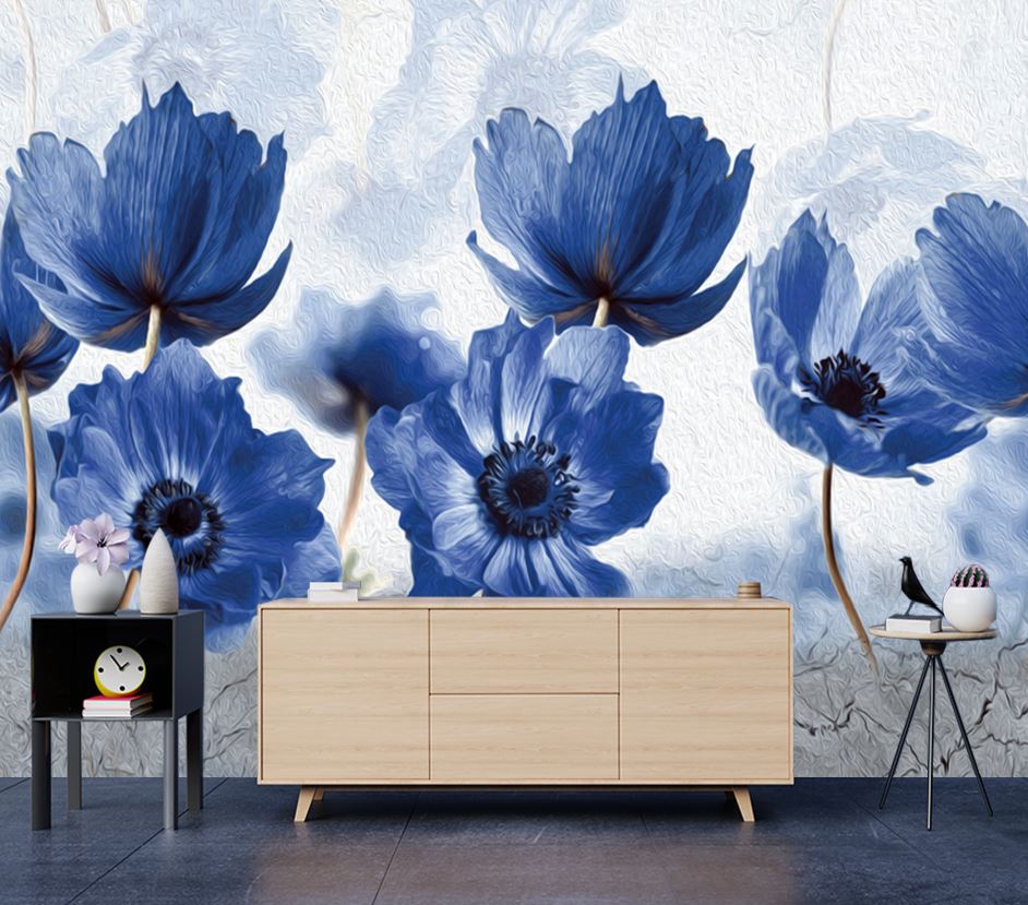 Wallpaper Murals Peel and Stick Removable Blue Floral Oil Painting Design High Quality