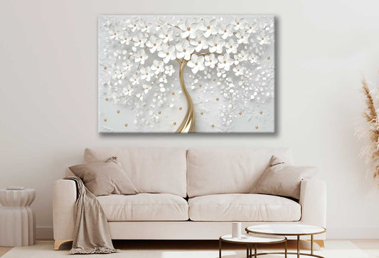 Bella Home White & Gold 3D Tree, Flower Print Canvas Ready to hang