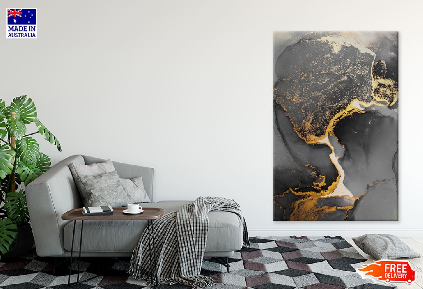 Dark Gold Splash & Black Abstract Design Print 100% Australian Made