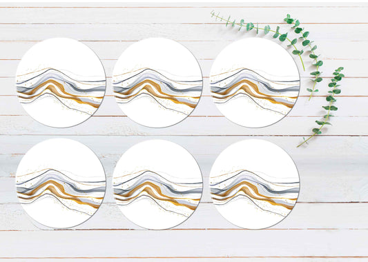 Gold & White Line Abstract Coasters Wood & Rubber - Set of 6 Coasters