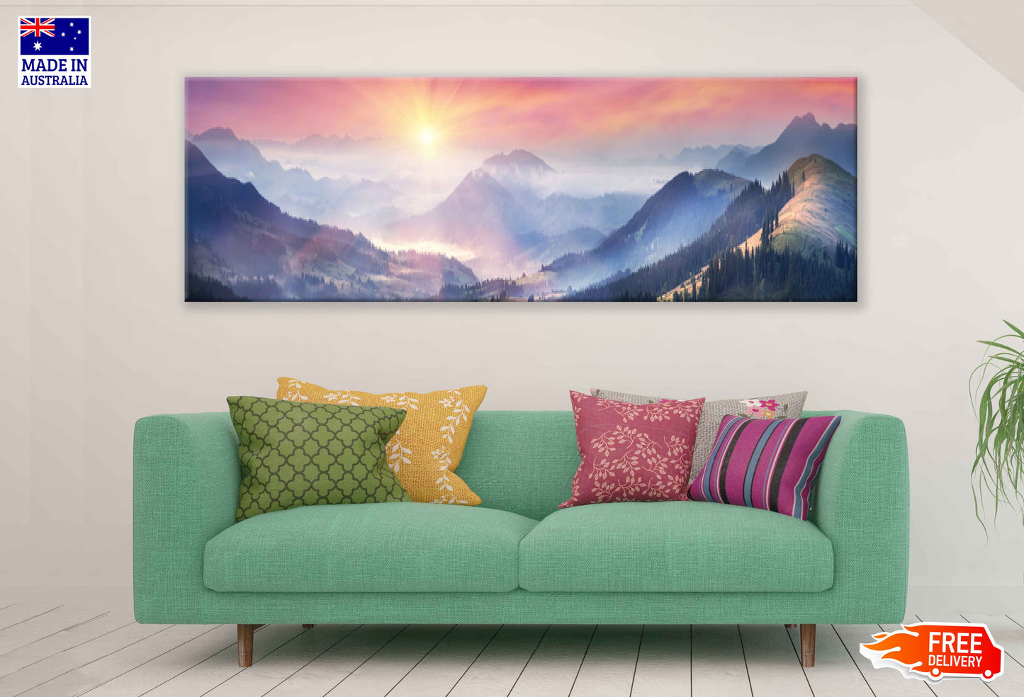 Panoramic Canvas Sunset Mountain View Photograph High Quality 100% Australian Made Wall Canvas Print Ready to Hang