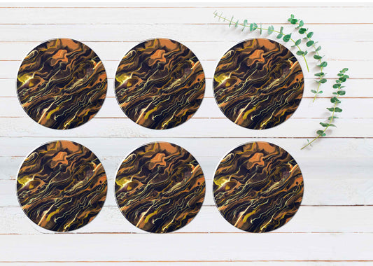 Brown Black Liquid Abstract Design Coasters Wood & Rubber - Set of 6 Coasters