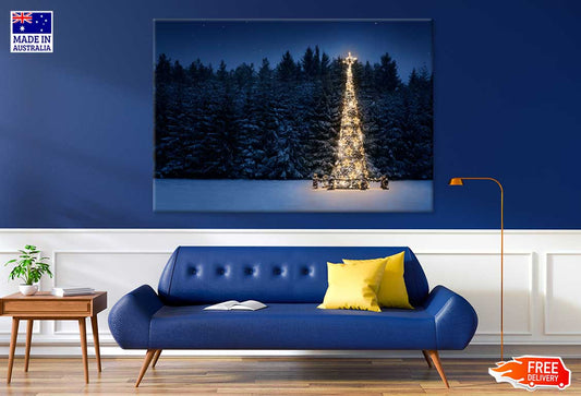 Christmas Tree on Snow at Night Photograph Print 100% Australian Made