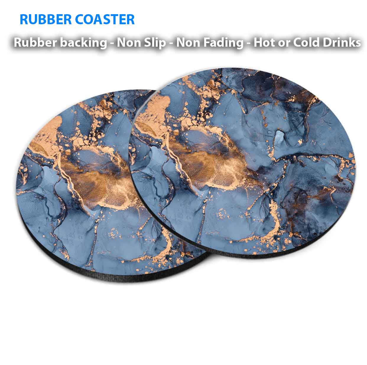 Blue & Gold Splash Marble Abstract Coasters Wood & Rubber - Set of 6 Coasters