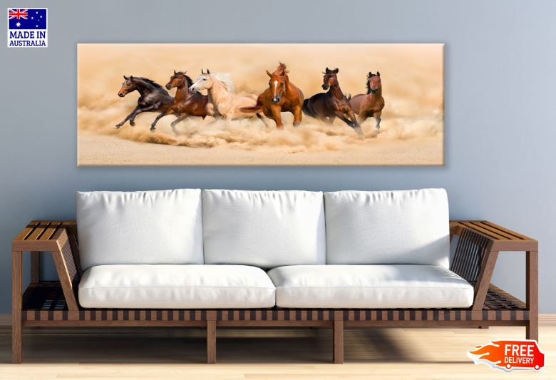 Panoramic Canvas Horses Running on Sand Photograph High Quality 100% Australian Made Wall Canvas Print Ready to Hang