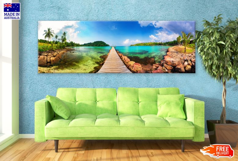 Panoramic Canvas Wooden Pier Over Sea Scenery Photograph High Quality 100% Australian Made Wall Canvas Print Ready to Hang