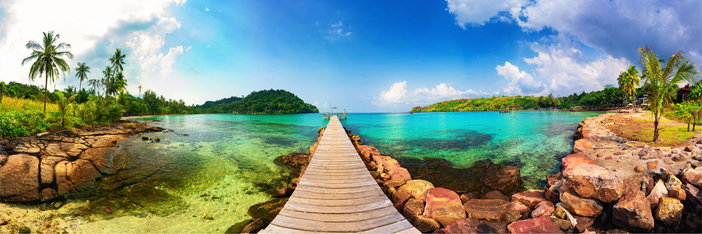 Panoramic Canvas Wooden Pier Over Sea Scenery Photograph High Quality 100% Australian Made Wall Canvas Print Ready to Hang