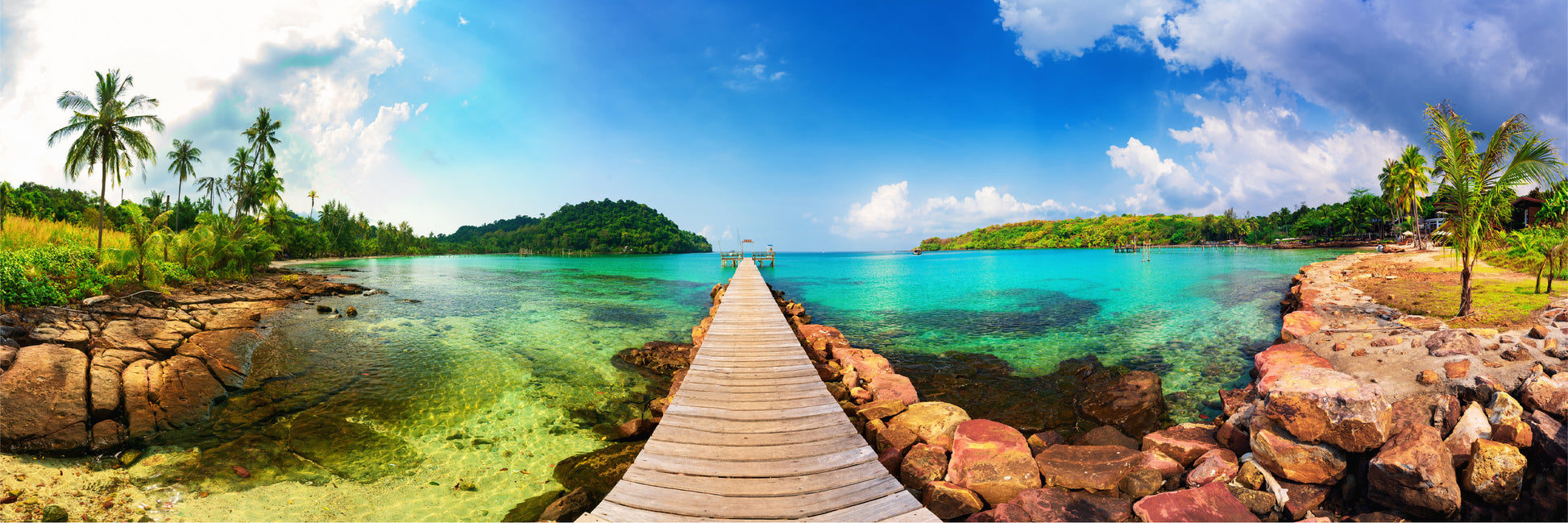 Panoramic Canvas Wooden Pier Over Sea Scenery Photograph High Quality 100% Australian Made Wall Canvas Print Ready to Hang