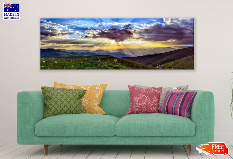 Panoramic Canvas Sunset View Over Mountain Photograph High Quality 100% Australian Made Wall Canvas Print Ready to Hang