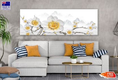 Panoramic Canvas 3D Gold & White Floral Design High Quality 100% Australian Made Wall Canvas Print Ready to Hang