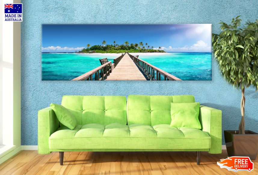 Panoramic Canvas Wooden Bridge Over Sea Photograph High Quality 100% Australian Made Wall Canvas Print Ready to Hang