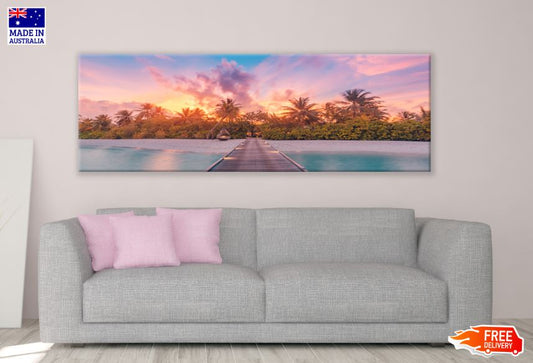 Panoramic Canvas Wooden Pier Over Sea at Sunset Photograph High Quality 100% Australian Made Wall Canvas Print Ready to Hang