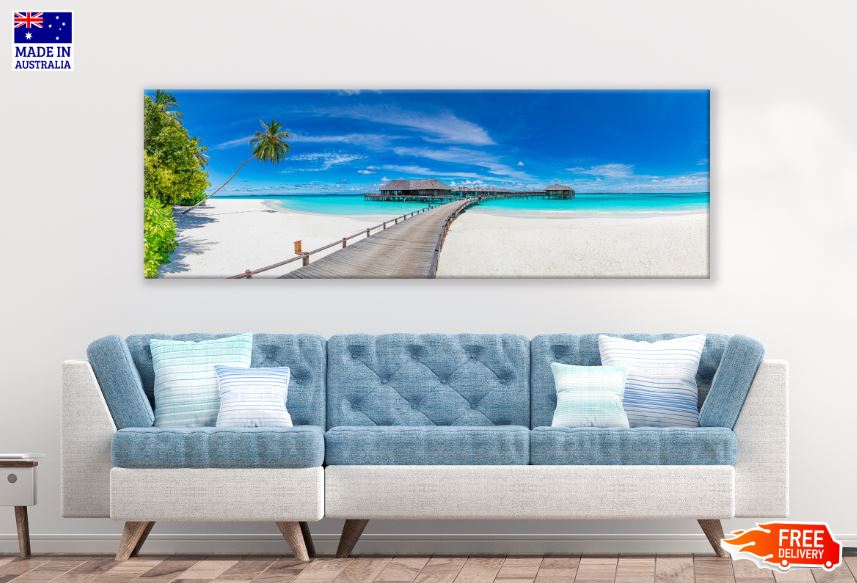 Panoramic Canvas Wooden Pier & Beach Resort Photograph High Quality 100% Australian Made Wall Canvas Print Ready to Hang