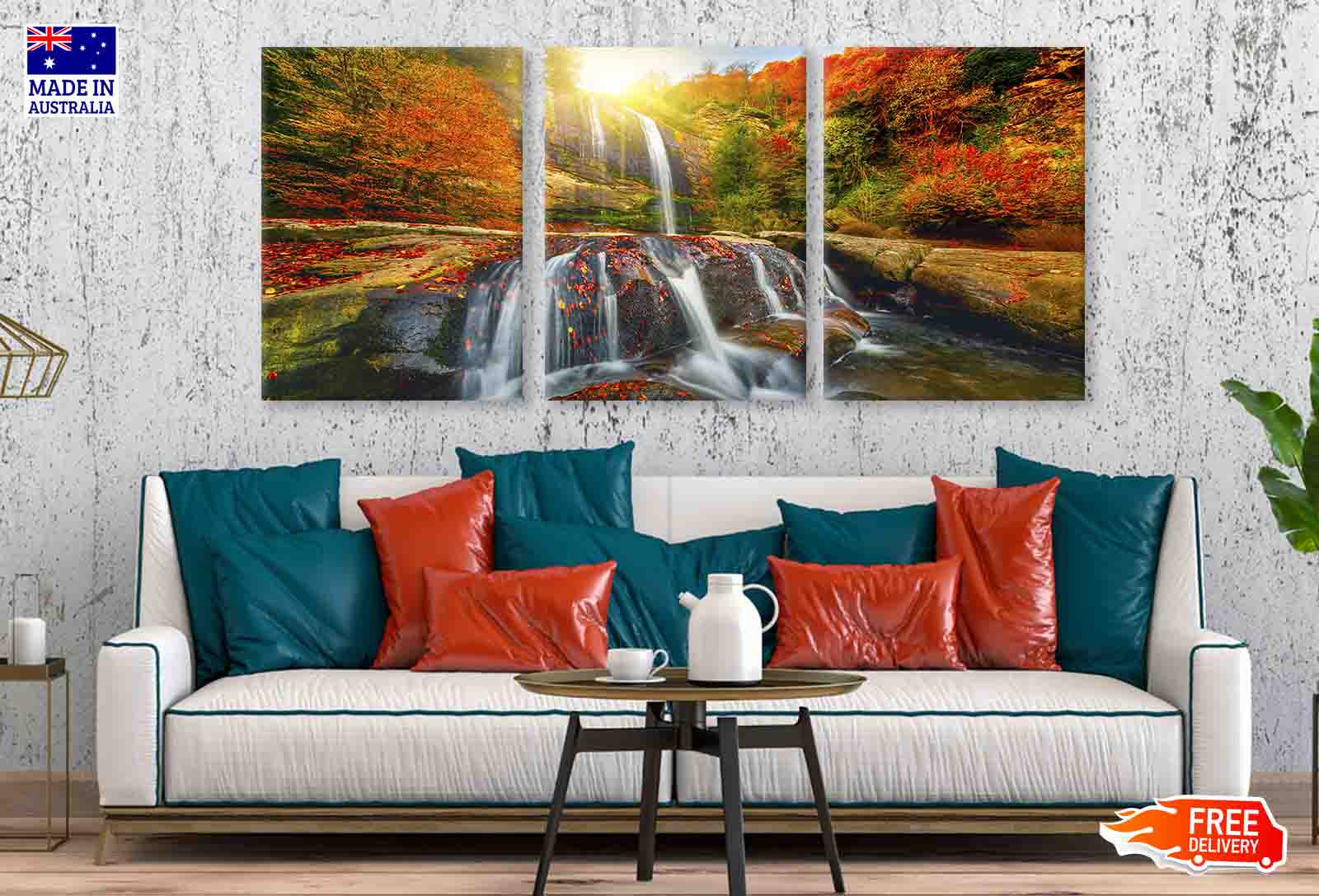 3 Set of Autumn Forest & Waterfall Scenery Photograph High Quality Print 100% Australian Made Wall Canvas Ready to Hang