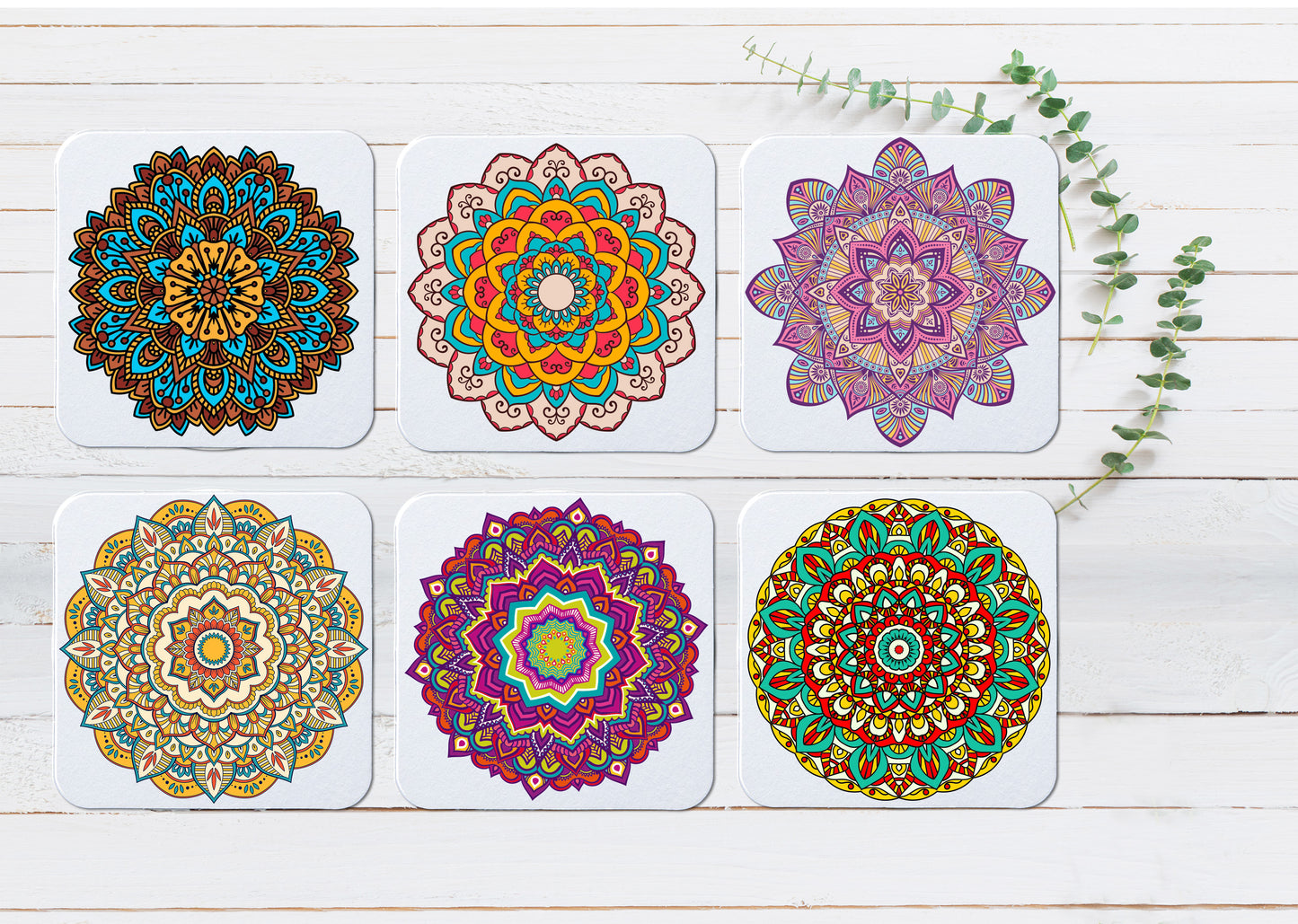 Beautiful Mandala Drink Coasters Wood & Rubber - Set of 6 Coasters