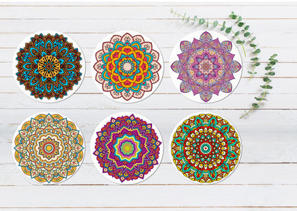 Beautiful Mandala Drink Coasters Wood & Rubber - Set of 6 Coasters