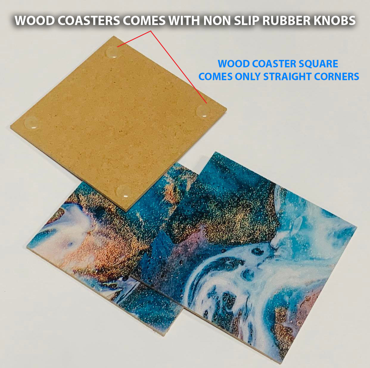 Black Gold & Blue Splash Abstarct Coasters Wood & Rubber - Set of 6 Coasters