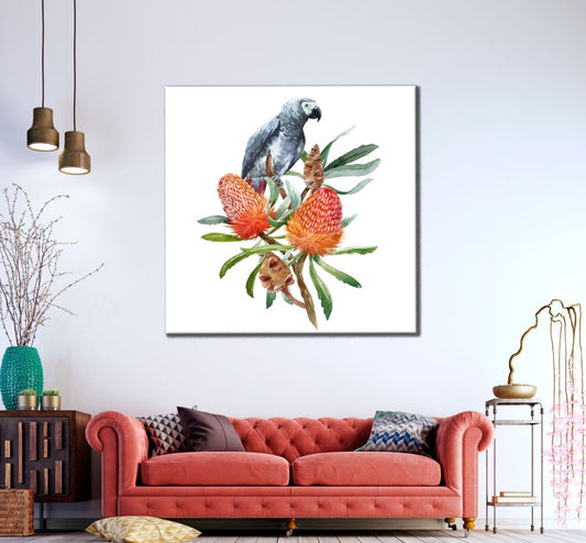 Square Canvas Parrot & Flowers Watercolor Painting High Quality Print 100% Australian Made