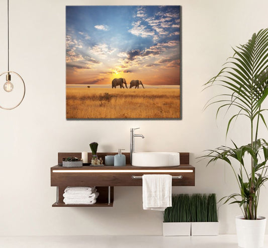 Square Canvas Elephants Walking in Field at Sunset Photograph High Quality Print 100% Australian Made