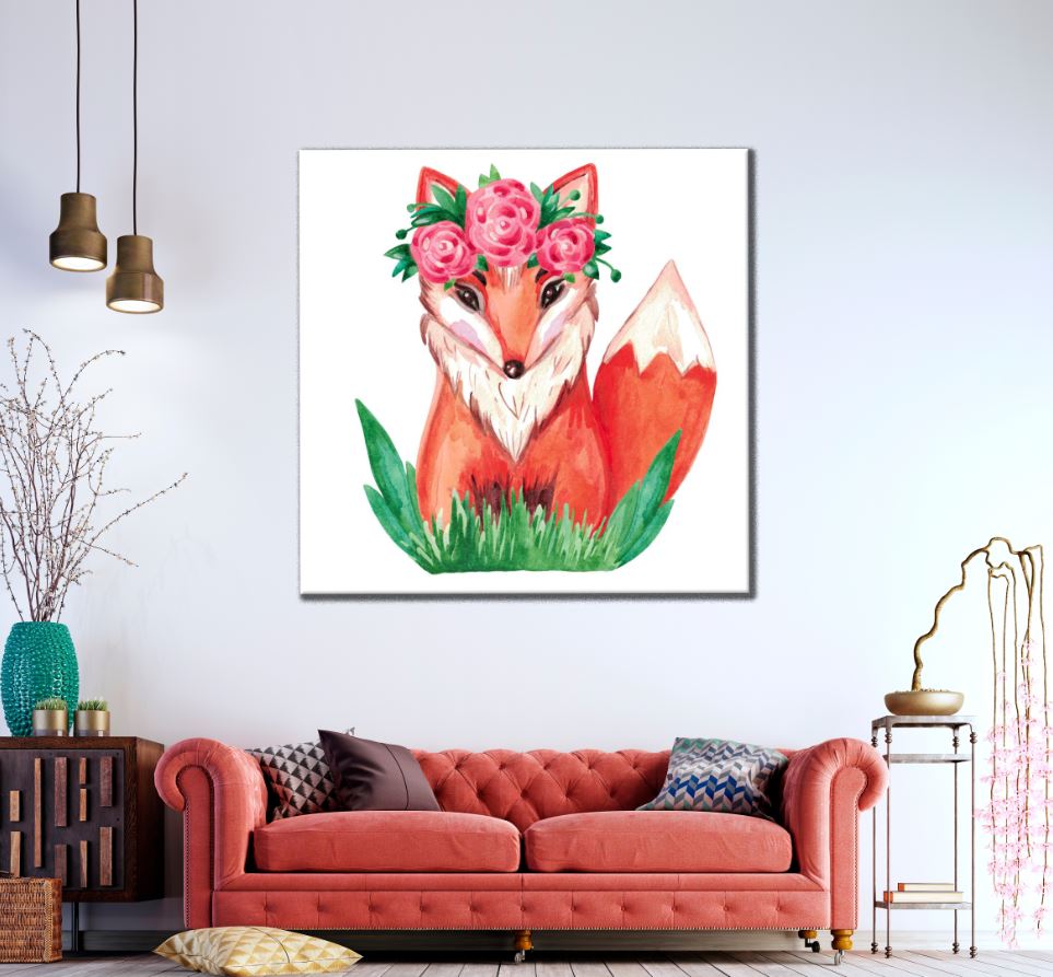 Square Canvas Fox with Floral Headdress Watercolor Painting High Quality Print 100% Australian Made