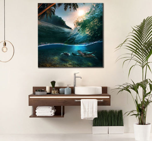 Square Canvas Turtles in Sea Photograph High Quality Print 100% Australian Made