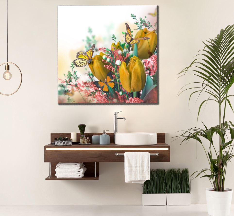 Square Canvas Yellow Flowers & Butterflies High Quality Print 100% Australian Made