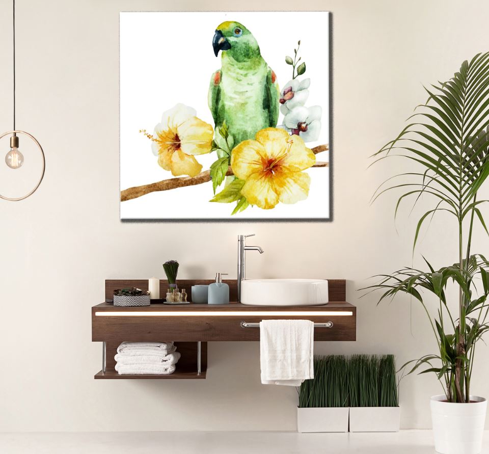 Square Canvas Parrot & Flowers Watercolor Painting High Quality Print 100% Australian Made