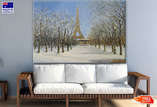 Snow Scene in the Capital of France with Eiffel Tower Print 100% Australian Made