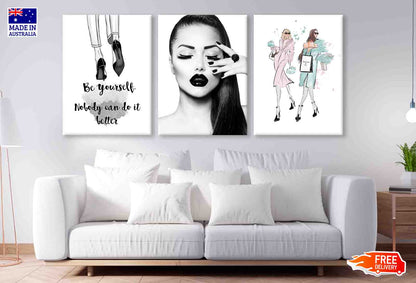 3 Set of Fashion Girls & Quote Vector Illustration High Quality Print 100% Australian Made Wall Canvas Ready to Hang