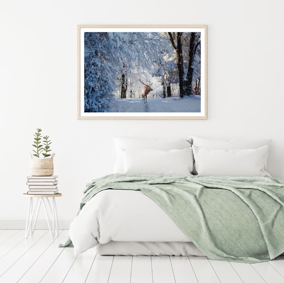 Deer in Snow Covered Forest Home Decor Premium Quality Poster Print Choose Your Sizes