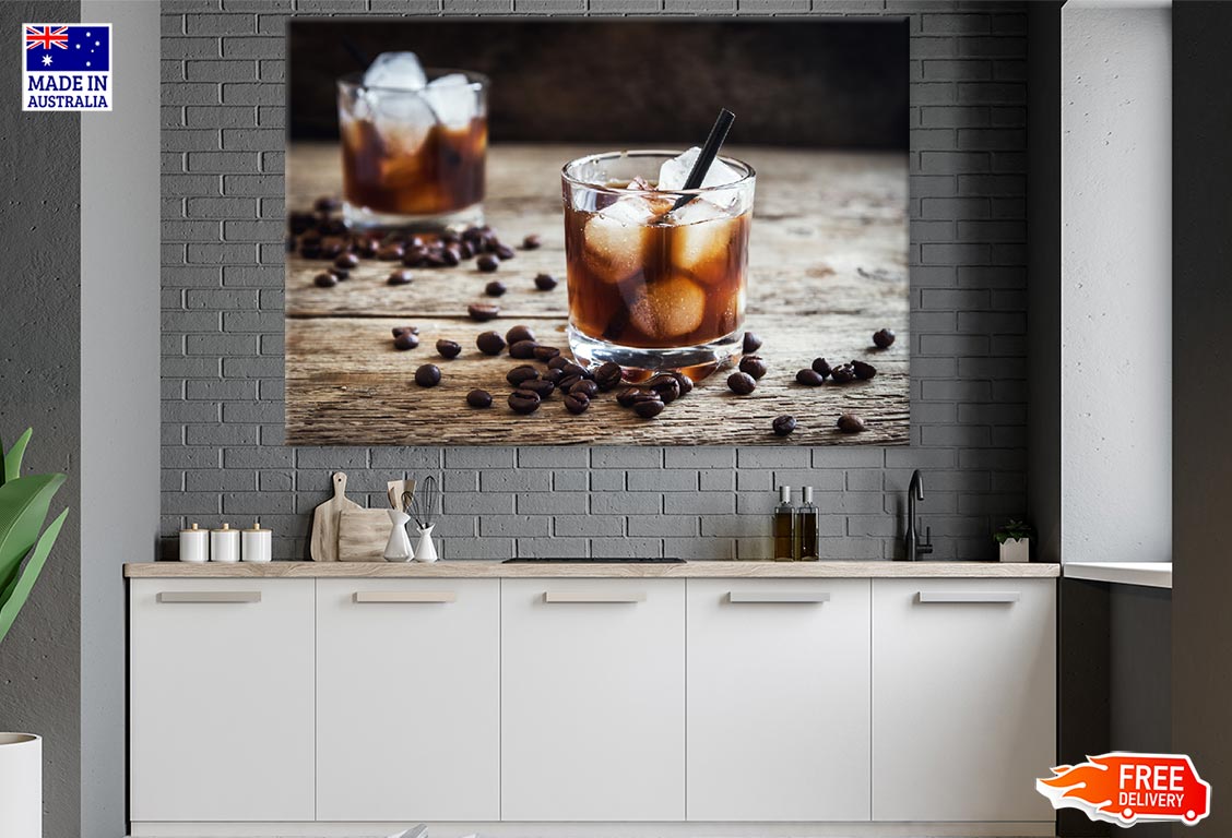 Iced Cofee & Coffee Seeds on Table Photograph Print 100% Australian Made