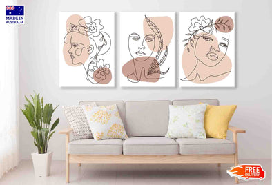3 Set of Girl Face with Flowers Line Art Illustration High Quality Print 100% Australian Made Wall Canvas Ready to Hang