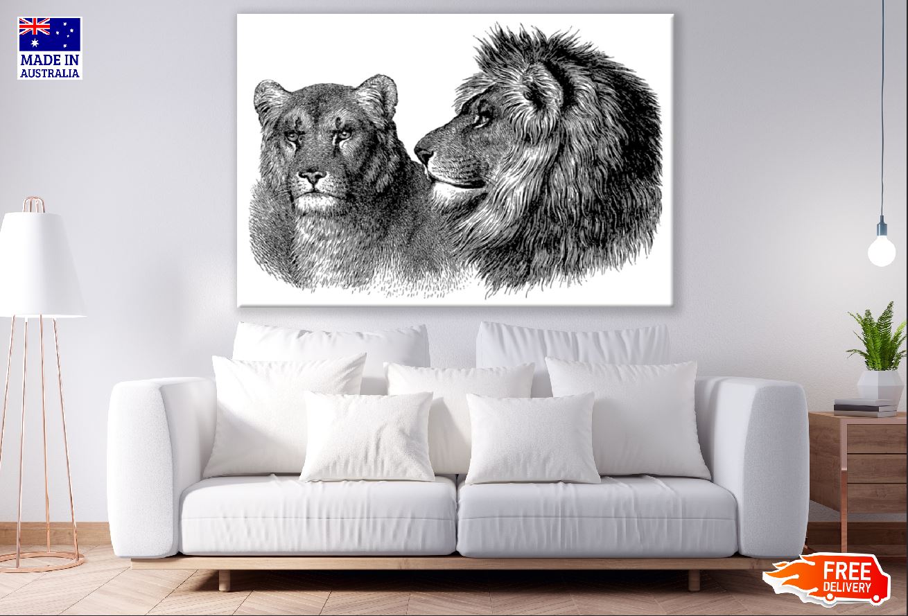 Lion Couple B&W Art Design Print 100% Australian Made