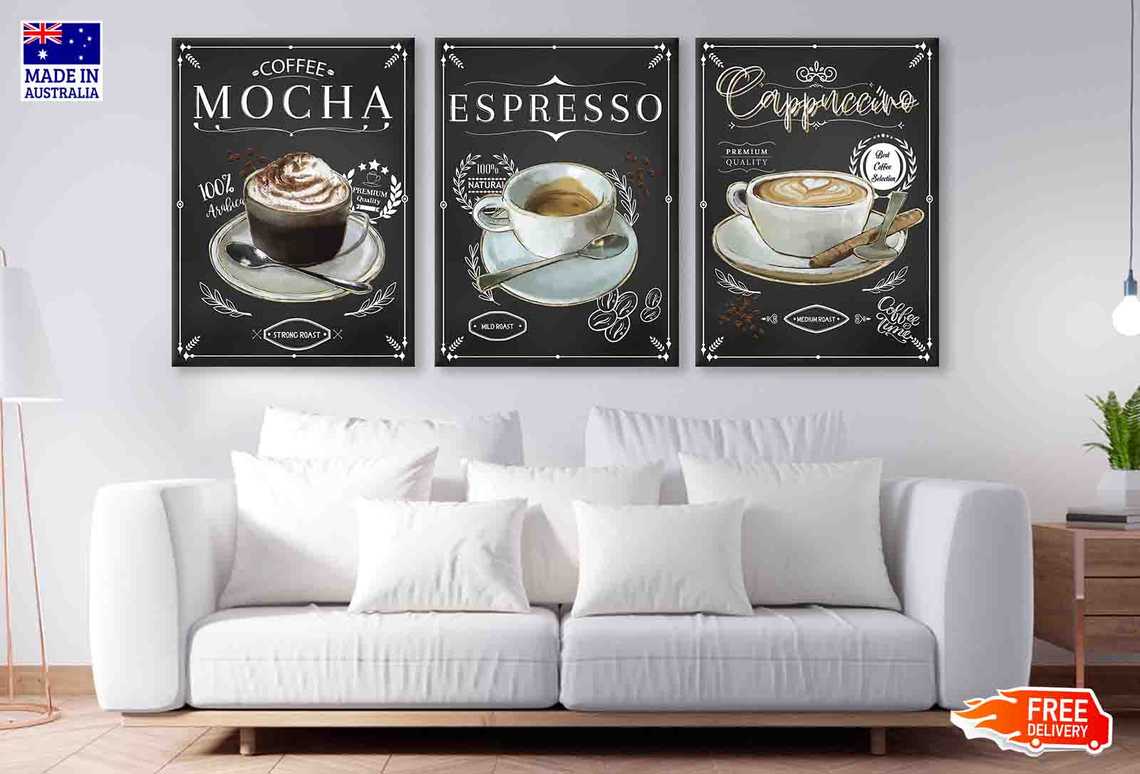 3 Set of Mocha Espresso & Cappuccino Vector High Quality Print 100% Australian Made Wall Canvas Ready to Hang