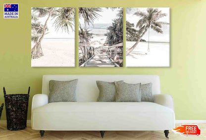 3 Set of Palm Tree & Sea with Swing Photograph High Quality Print 100% Australian Made Wall Canvas Ready to Hang