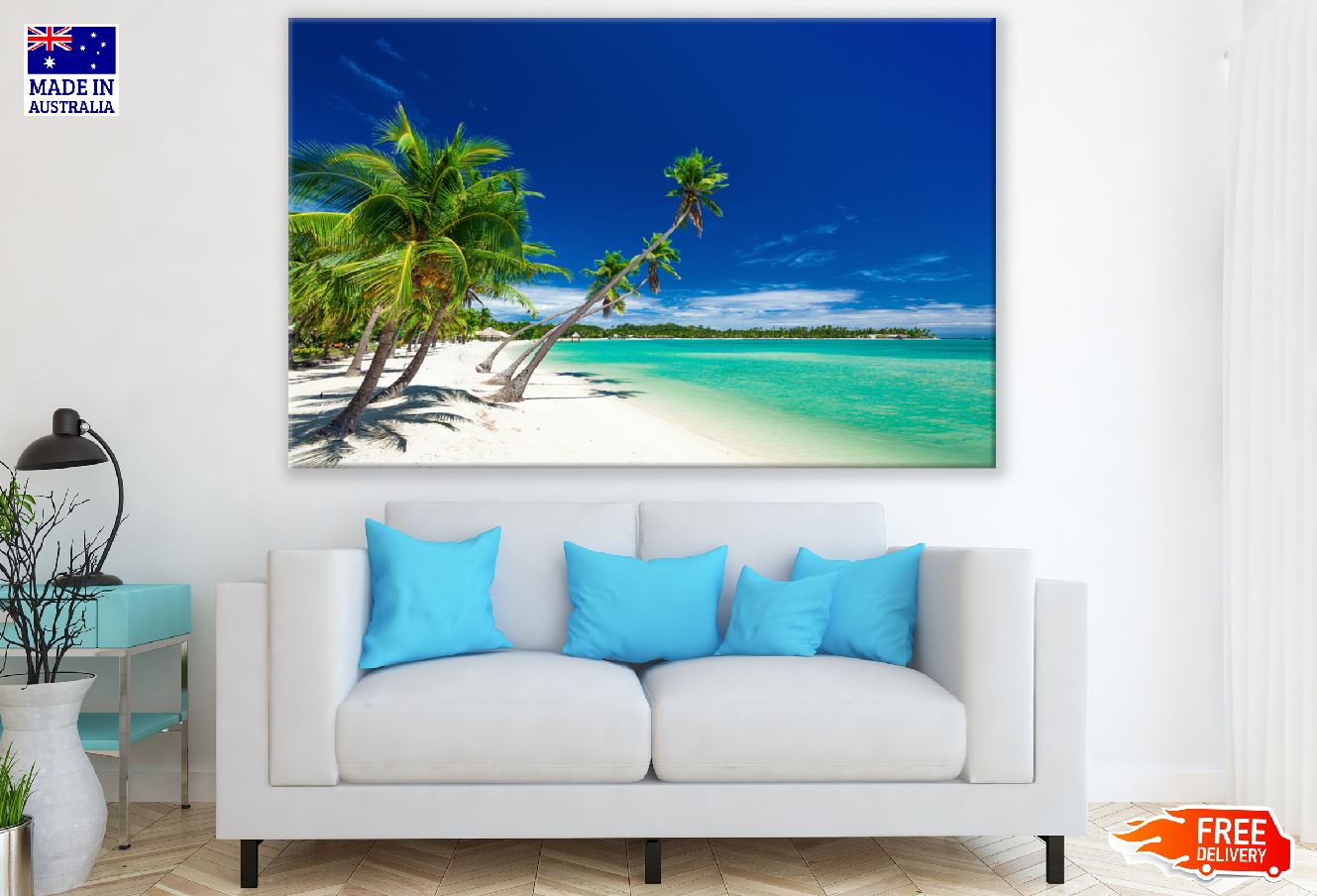 Palm trees over white beach Island, Fiji, South Pacific Print 100% Australian Made