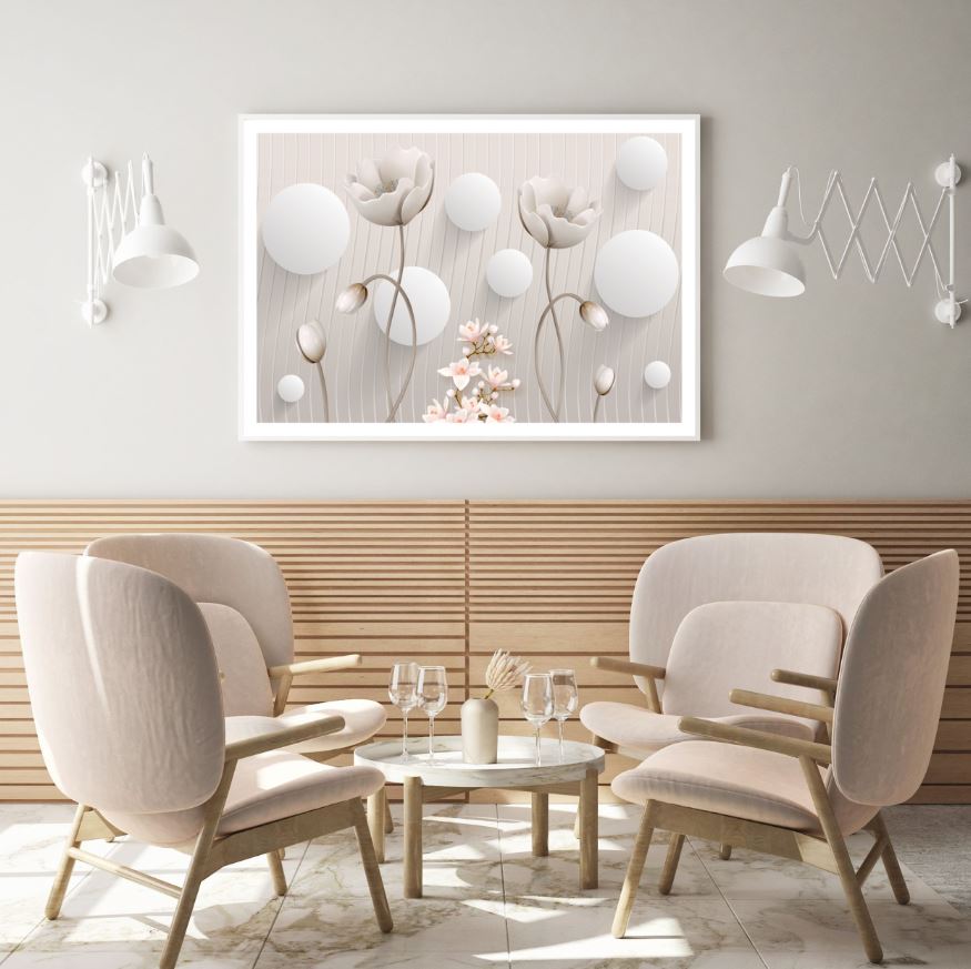 White Flowers & Circle 3D Design Home Decor Premium Quality Poster Print Choose Your Sizes