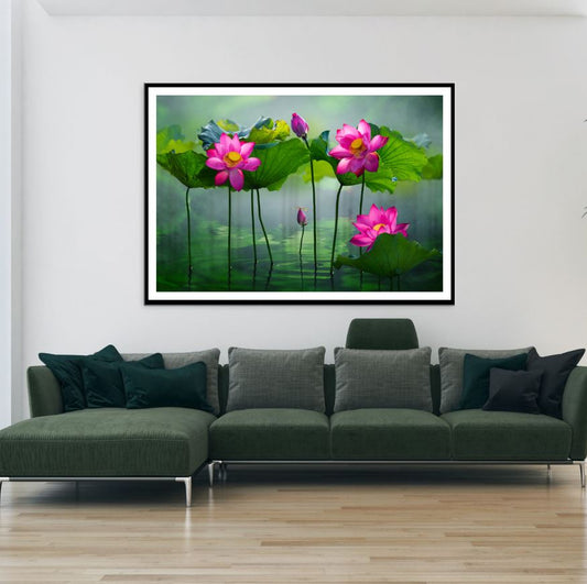 Lotus Flowers in a Pond Digital Painting Home Decor Premium Quality Poster Print Choose Your Sizes