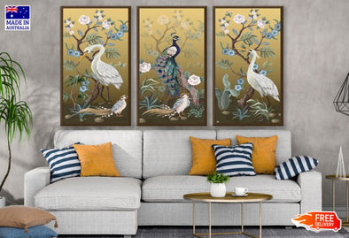 3 Set of Peacocks & Flowers Design High Quality Print 100% Australian Made Wall Canvas Ready to Hang